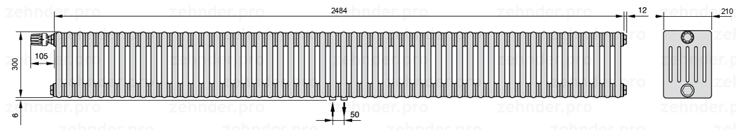 Схема (чертеж) Радиатор Zehnder Charleston 6030/54 №V007 Белый глянцевый RAL 9016
